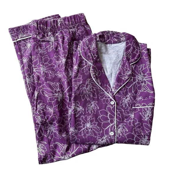 NWT Peony Pajama Set Purple Floral White Long Sleeve - Picture 1 of 5